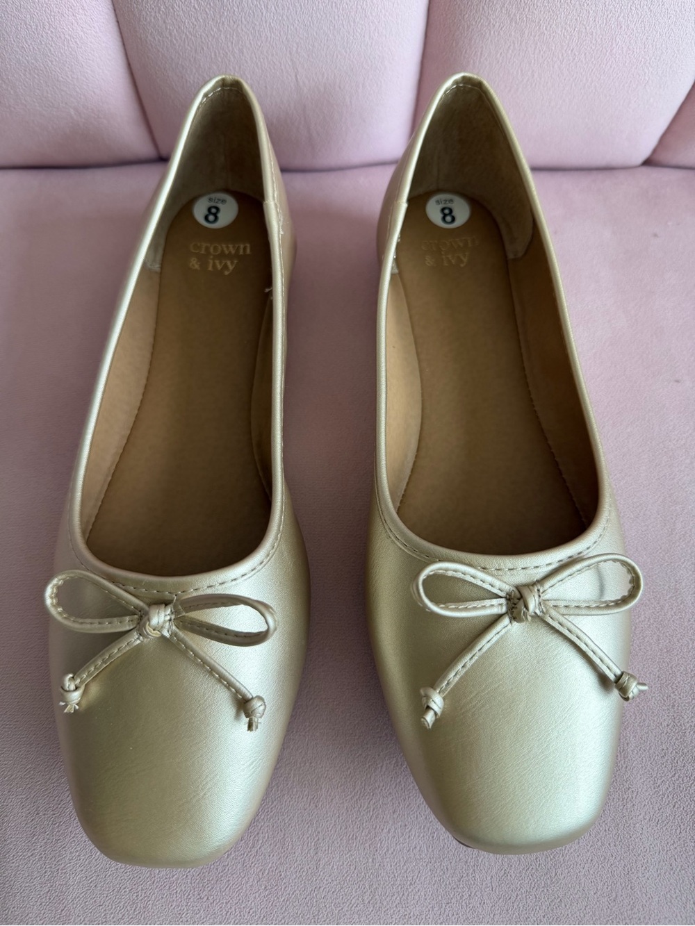 Crown & Ivy Metallic Champagne/Gold Ballet Flats with Bow SZ 8 W Never Worn